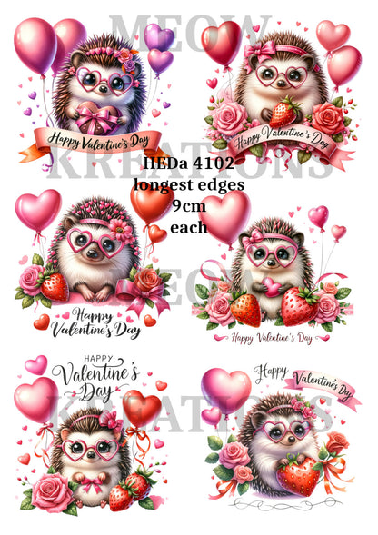 Cute Valentine Hedgehogs & Balloon Hearts Decoupage Rice Paper - HEDa 4102