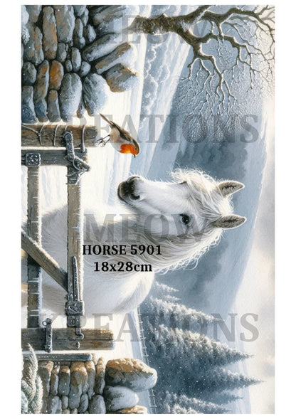 White Horse & Robin Winter Decoupage Rice Paper - HORSE 5901