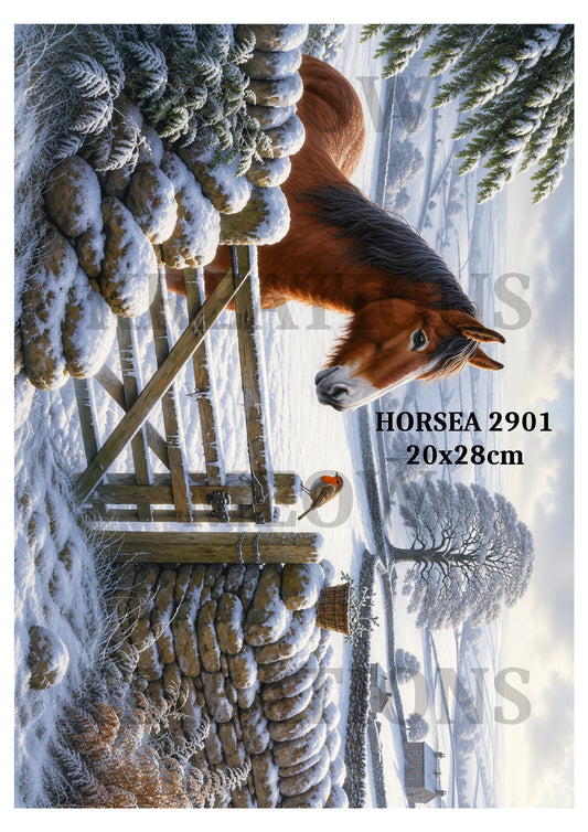 Brown Horse & Robin Winter Christmas Decoupage Rice Paper - HORSEA 2901