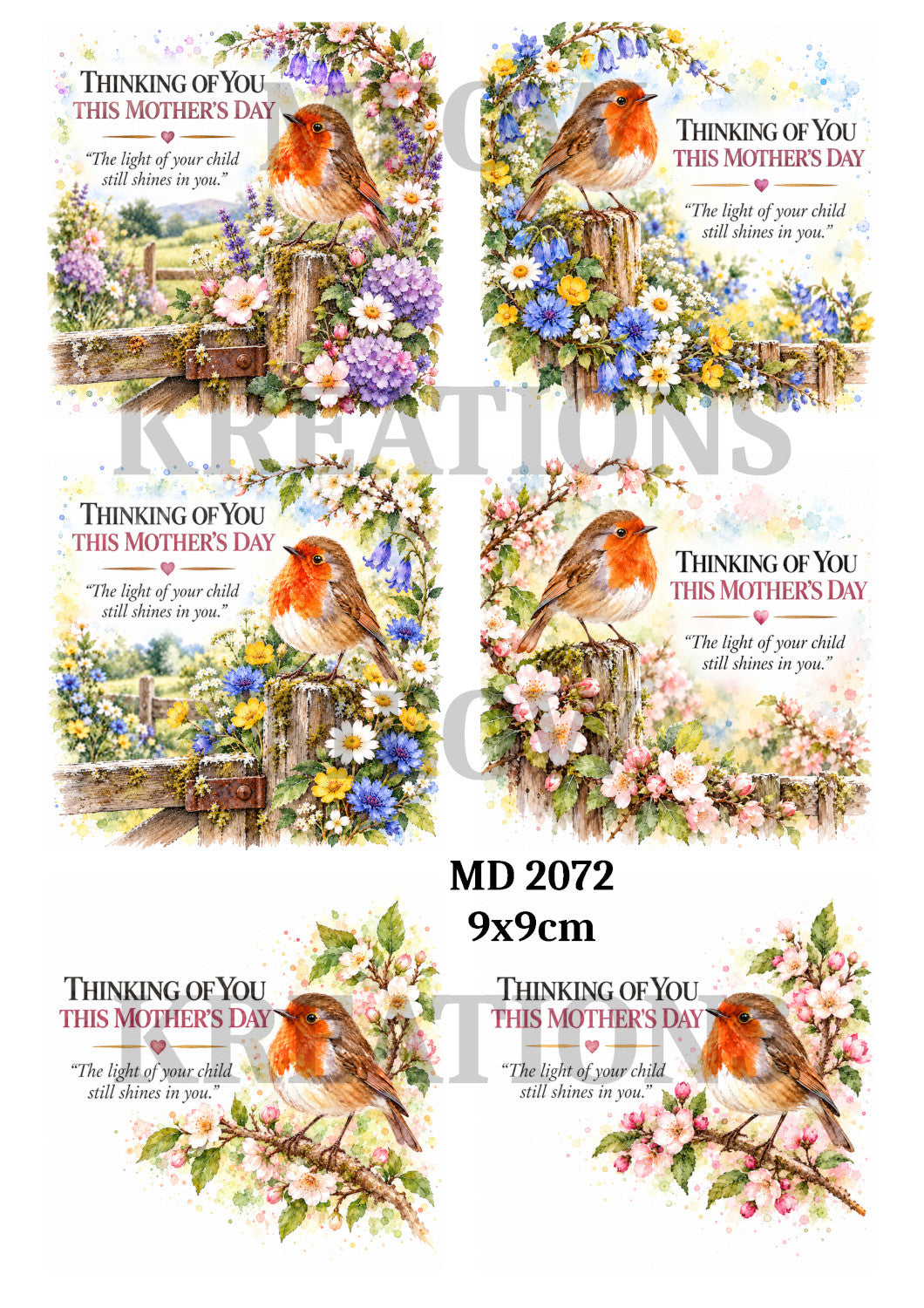 Mother’s Day Memorial Robins & Flowers Decoupage Rice Paper - MD 2072