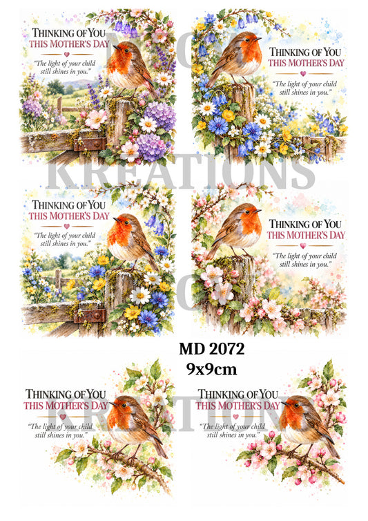 Mother’s Day Memorial Robins & Flowers Decoupage Rice Paper - MD 2072