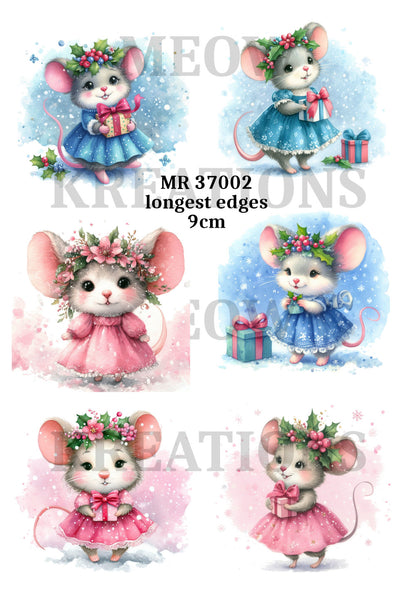 Christmas Mouse Cute Watercolour Mice Decoupage Rice Paper - MR 37002