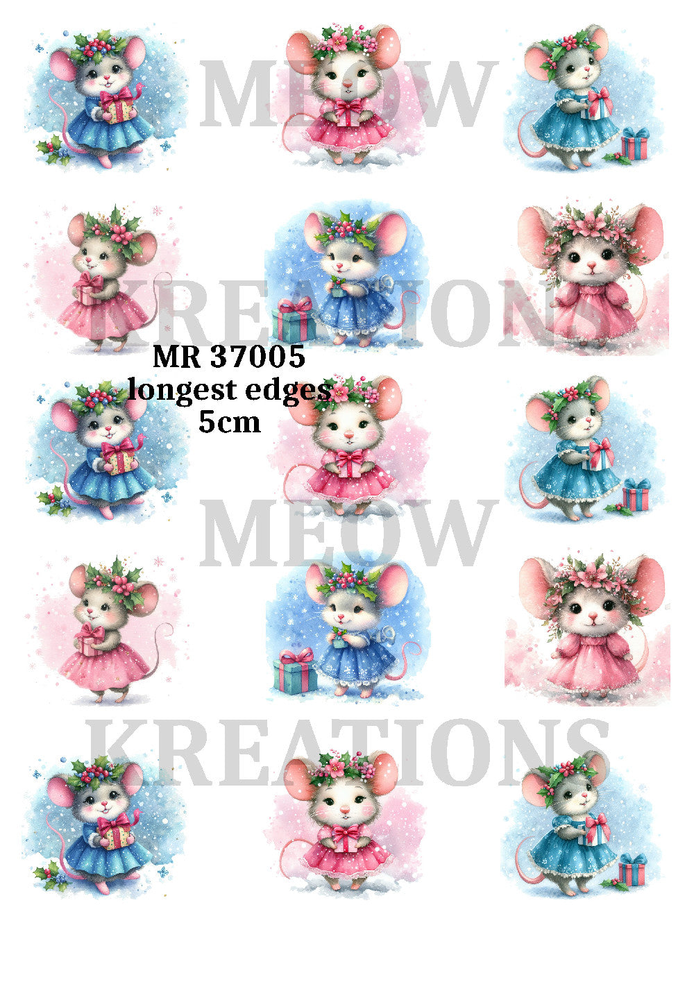 Christmas Mouse Cute Watercolour Mice Decoupage Rice Paper - MR 37005