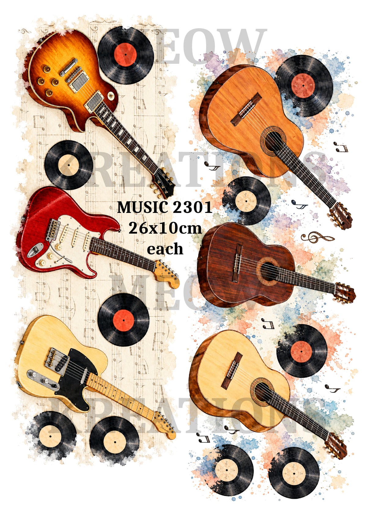 Electric & Acoustic Guitars Vinyl Records Decoupage Rice Paper - MUSIC 2301