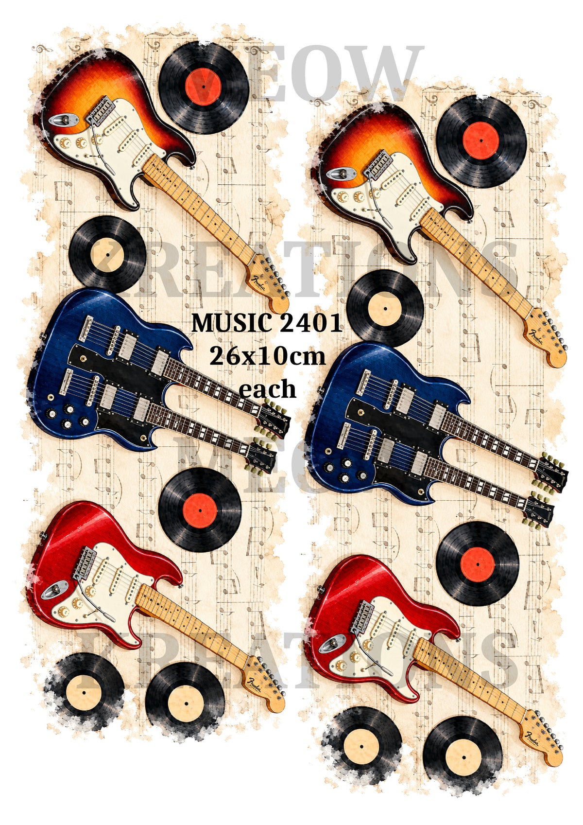 Electric Guitars & Vinyl Records Decoupage Rice Paper - MUSIC 2401