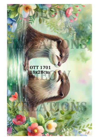 Floral Otter Pair Decoupage Rice Paper - OTT 1701