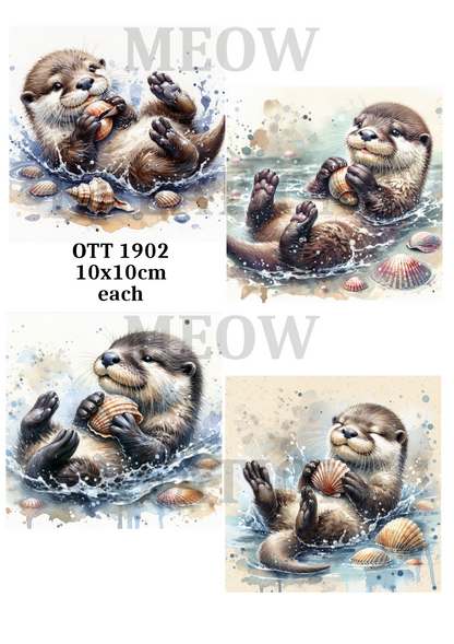 Playful Otters With Seashells Decoupage Rice Paper - OTT 1902