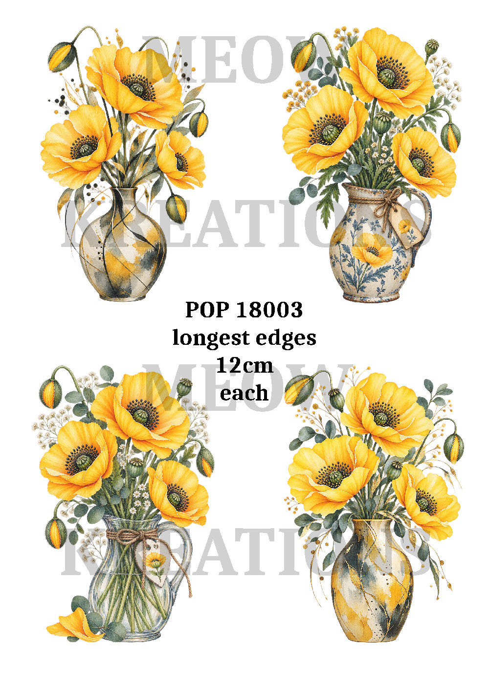 Yellow Poppies in Vases Decoupage Rice Paper - POP 18003