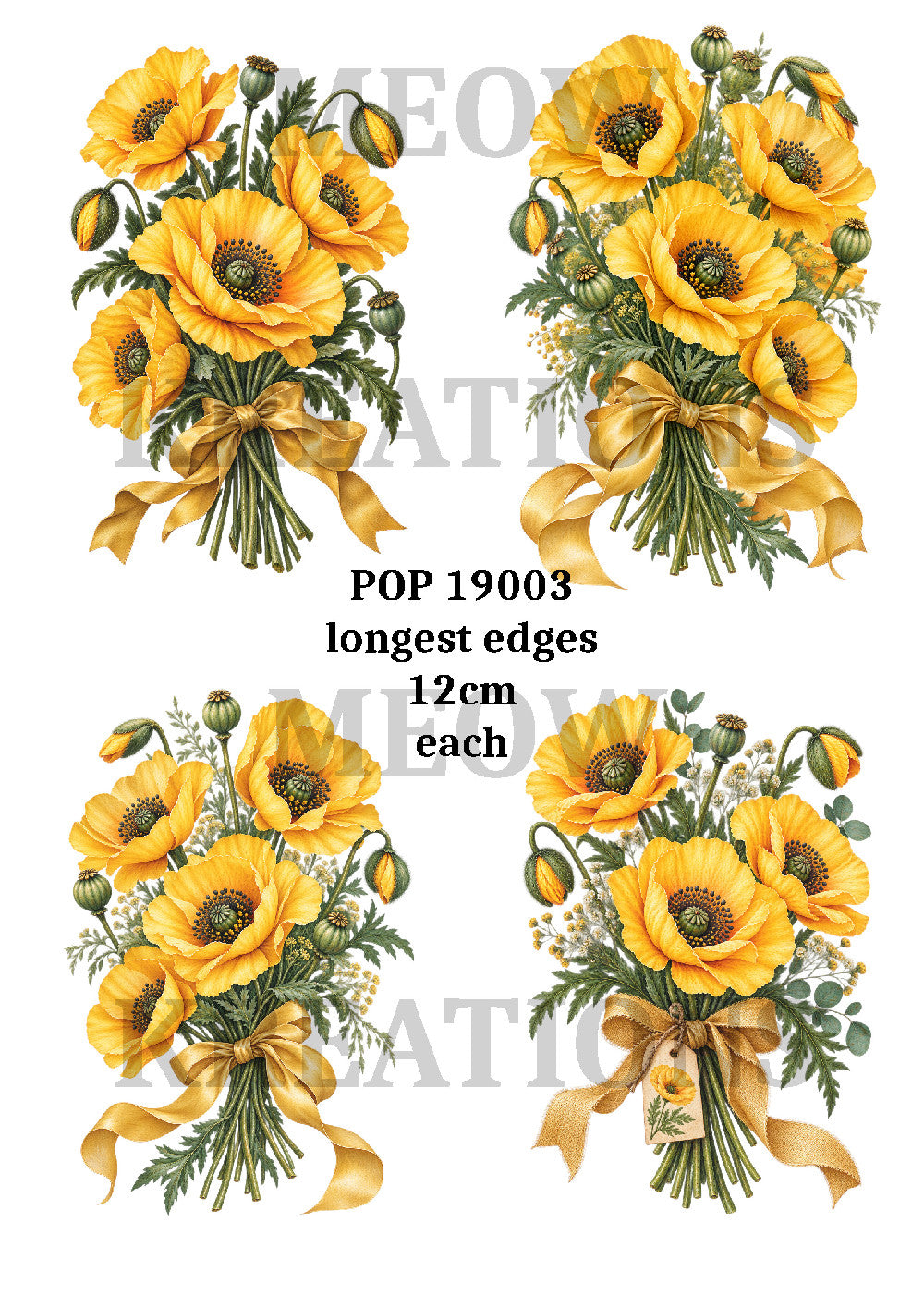 Yellow Poppies & Gold Bows Decoupage Rice Paper - POP 19003
