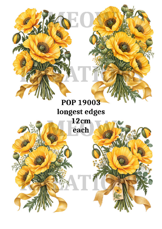 Yellow Poppies & Gold Bows Decoupage Rice Paper - POP 19003