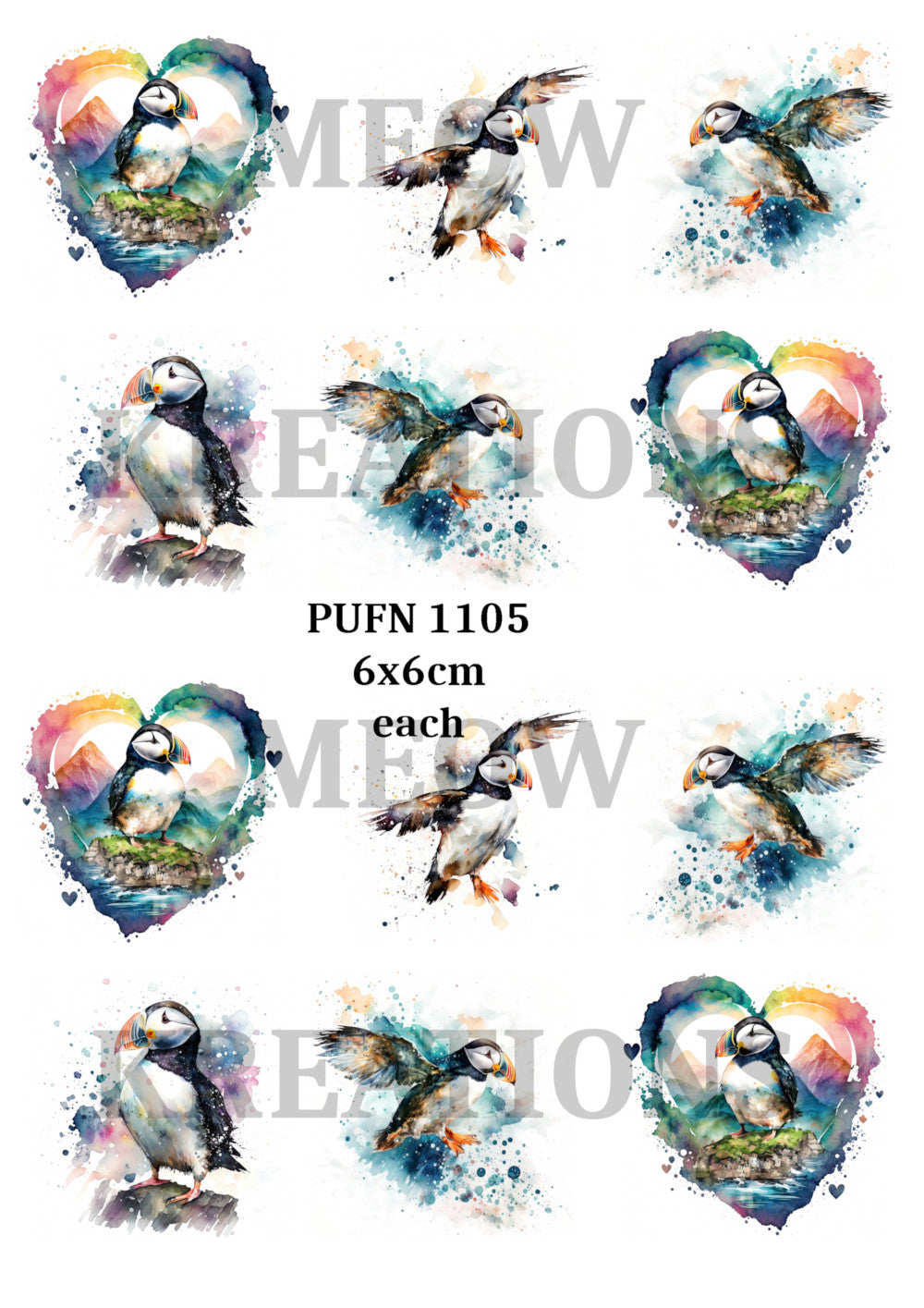 Puffin Watercolour Coastal Bird Decoupage Rice Paper – PUFN 1105