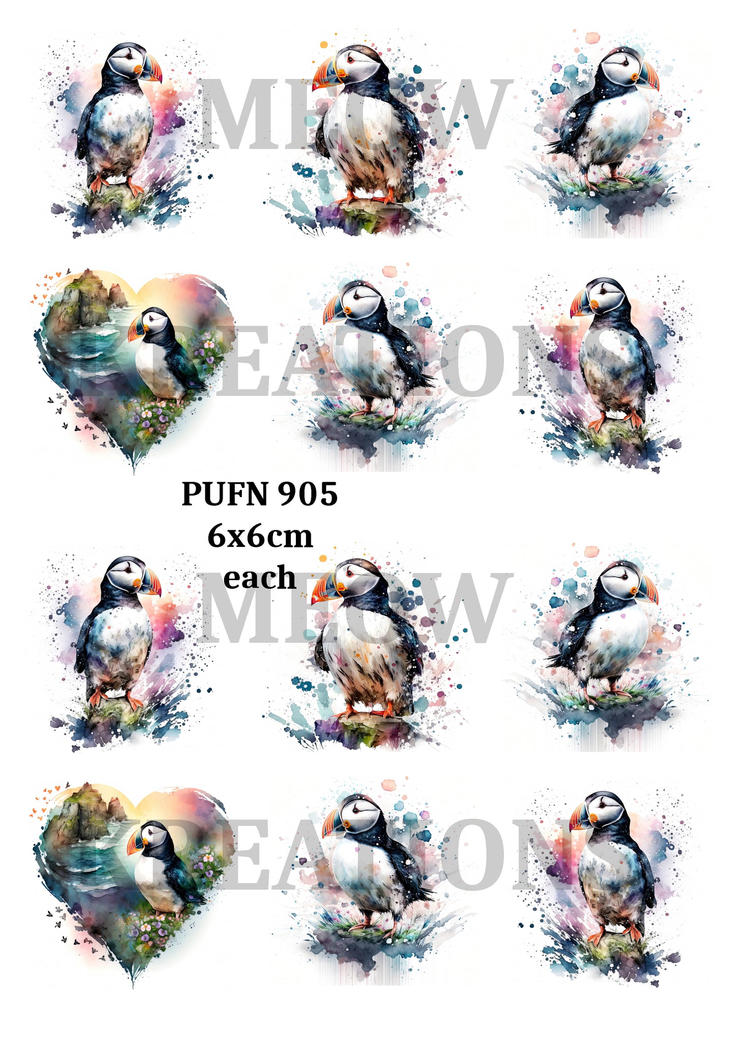 Puffin Watercolour Coastal Bird Decoupage Rice Paper – PUFN 905