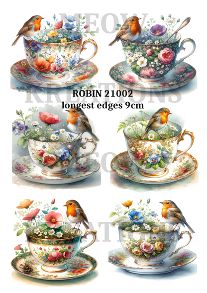 Robin Bird Tea Cup Flowers Decoupage Rice Paper - ROBIN 21002