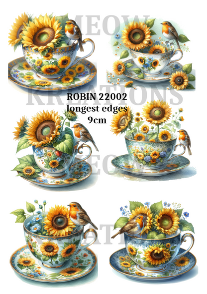 Robin Bird Sunflower Tea Cup Decoupage Rice Paper - ROBIN 22002