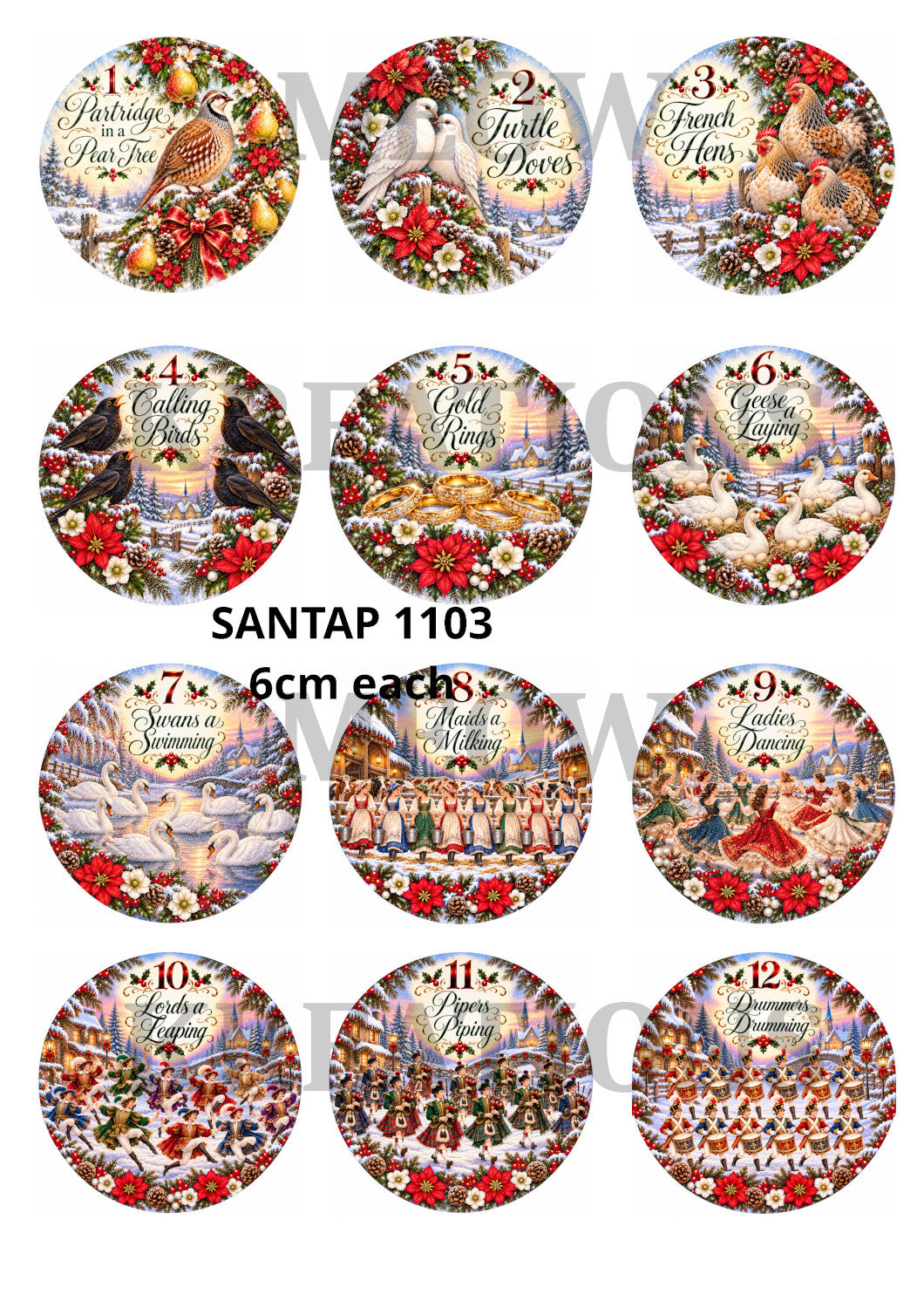 Twelve Days of Christmas Decoupage Rice Paper - SANTAP 11003