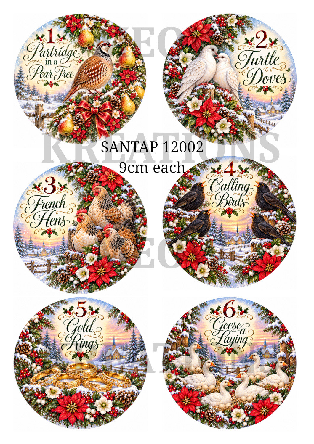 12 Days of Christmas 1-6 Decoupage Rice Paper - SANTAP 12002