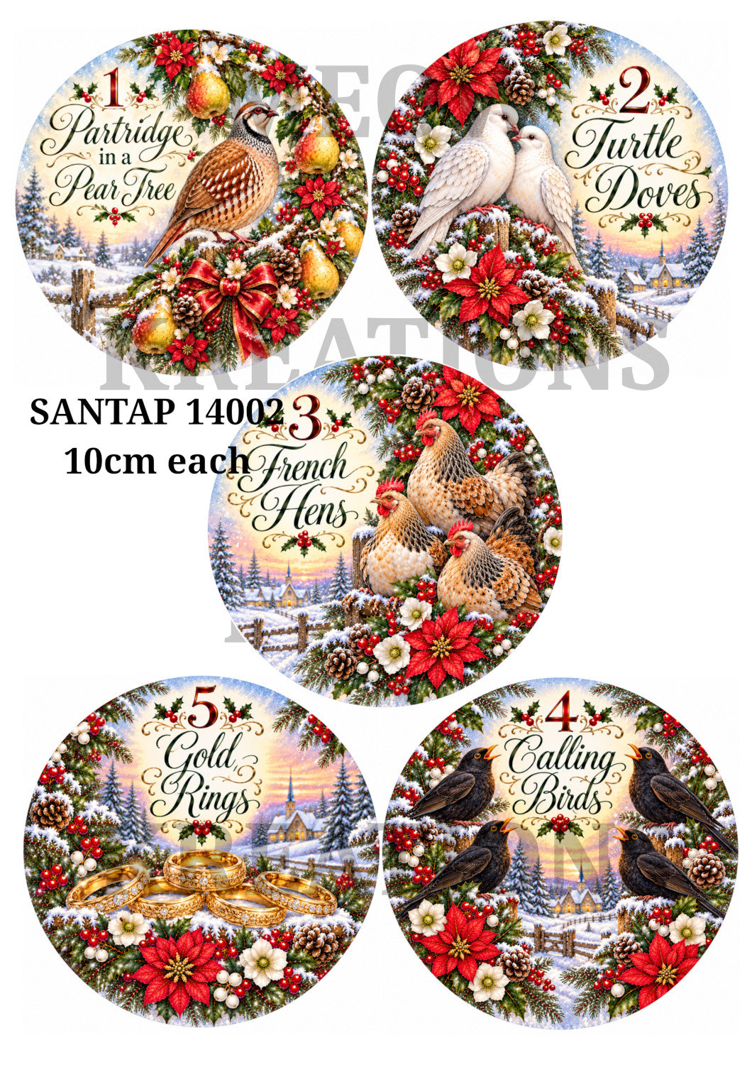 Twelve Days of Christmas Birds & Rings Decoupage Rice Paper - SANTAP 14002
