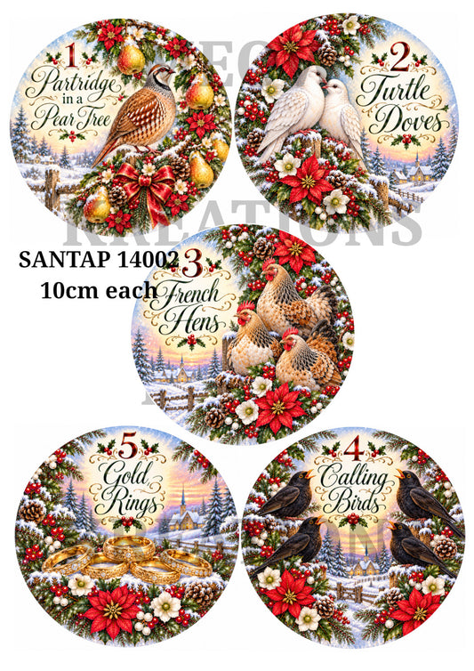 Twelve Days of Christmas Birds & Rings Decoupage Rice Paper - SANTAP 14002