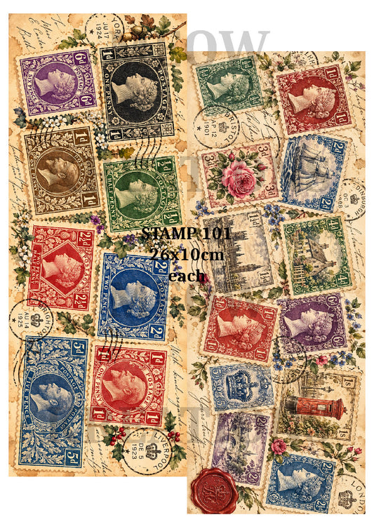 Vintage Postage Stamps & Floral Ephemera Decoupage Rice Paper - STAMP 101