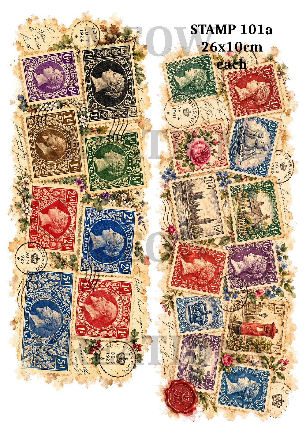 Vintage Postage Stamps & Floral Ephemera Decoupage Rice Paper - STAMP 101a