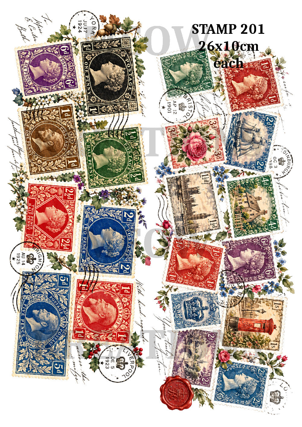 Vintage Postage Stamps & Floral Ephemera Decoupage Rice Paper - STAMP 201