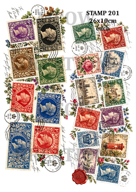 Vintage Postage Stamps & Floral Ephemera Decoupage Rice Paper - STAMP 201