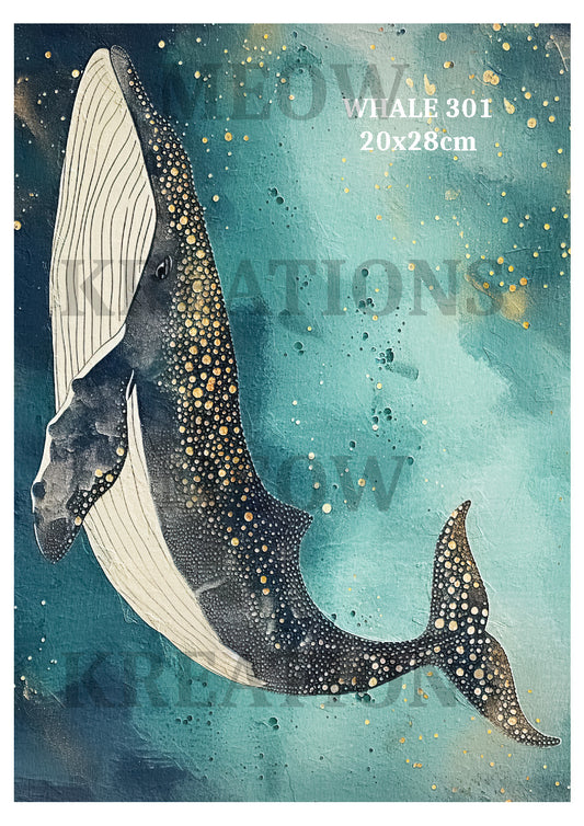 Blue & Gold Whale Watercolour Decoupage Rice Paper - WHALE 301