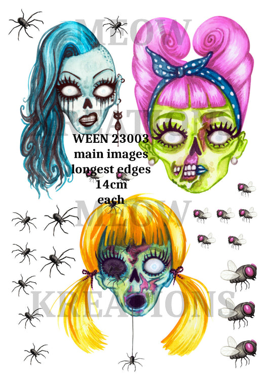 Zombie Girls Flies & Spiders Decoupage Rice Paper - WEEN 23003