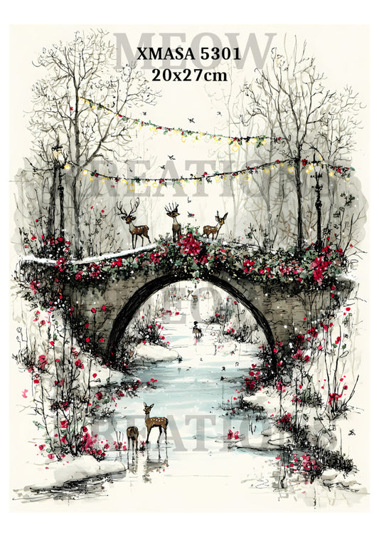 Vintage & Whimsical Deer Christmas Winter Decoupage Rice Paper - XMASA 5301