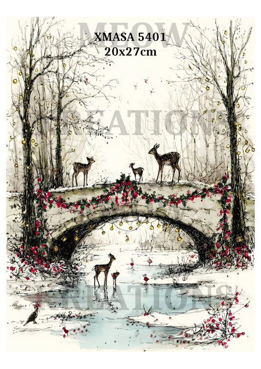 Vintage & Whimsical Christmas Deer Winter Decoupage Rice Paper - XMASA 5401