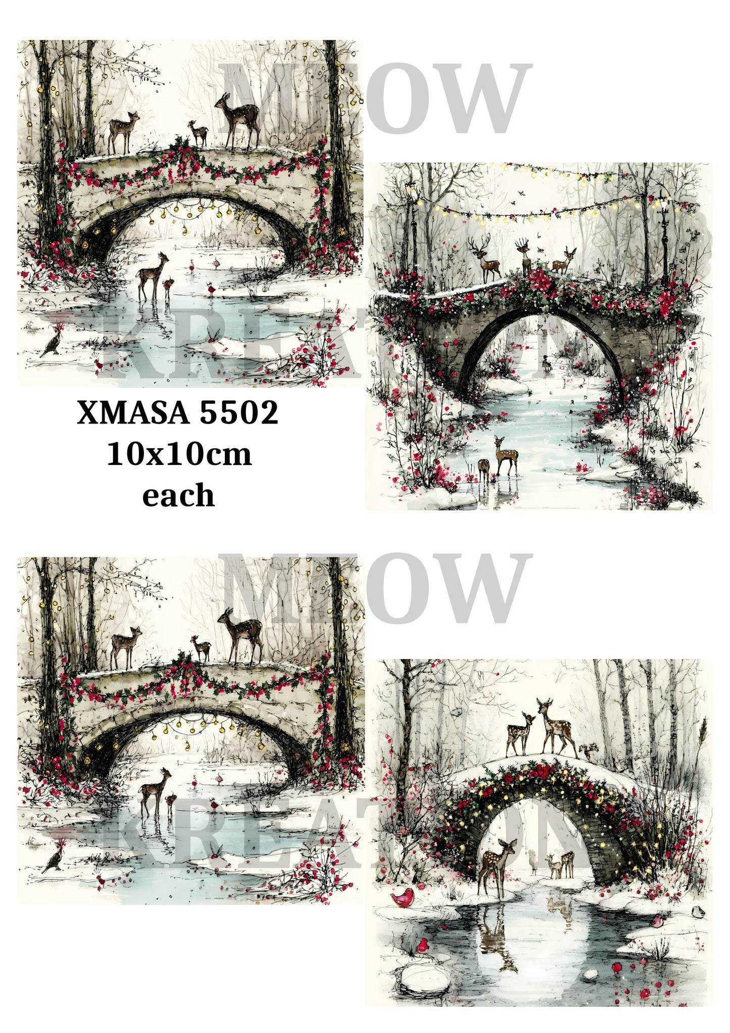 Vintage & Whimsical Deer Christmas Winter Decoupage Rice Paper - XMASA 5502