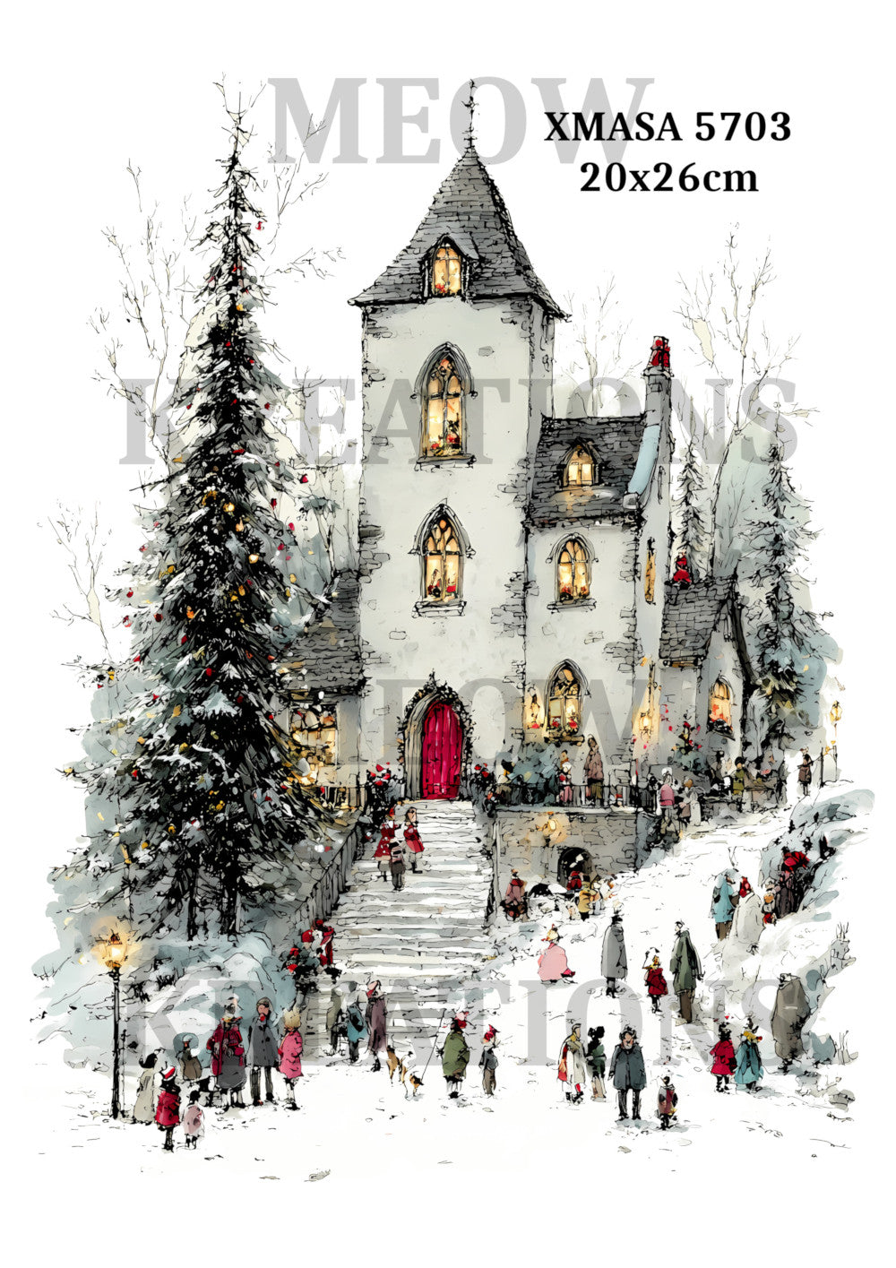 Vintage & Whimsical Christmas Church Scene Decoupage Rice Paper - XMASA 5703