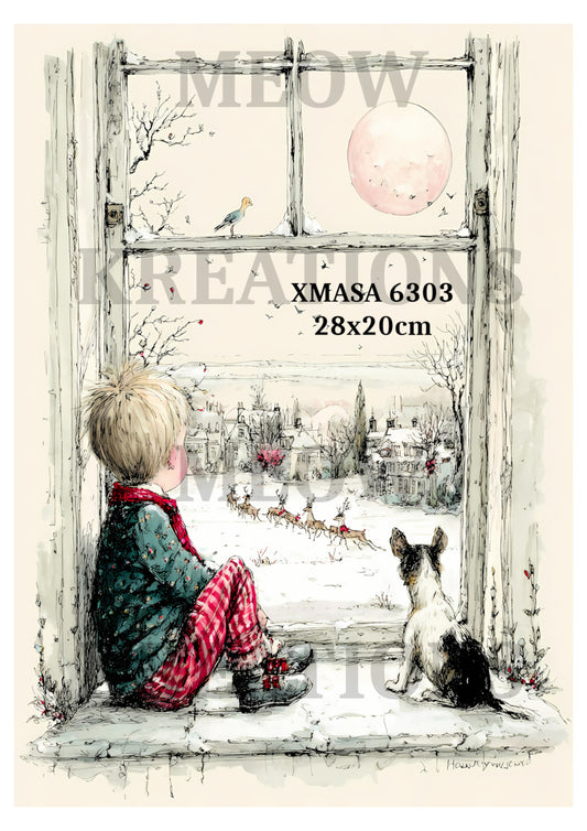 Christmas Whimsical Winter Scene of Child & Dog Decoupage Rice Paper – XMASA 6303