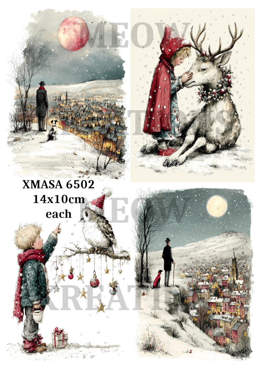 Vintage Christmas Snowy Owl & Deer Winter Scenes Decoupage Rice Paper– XMASA 6502
