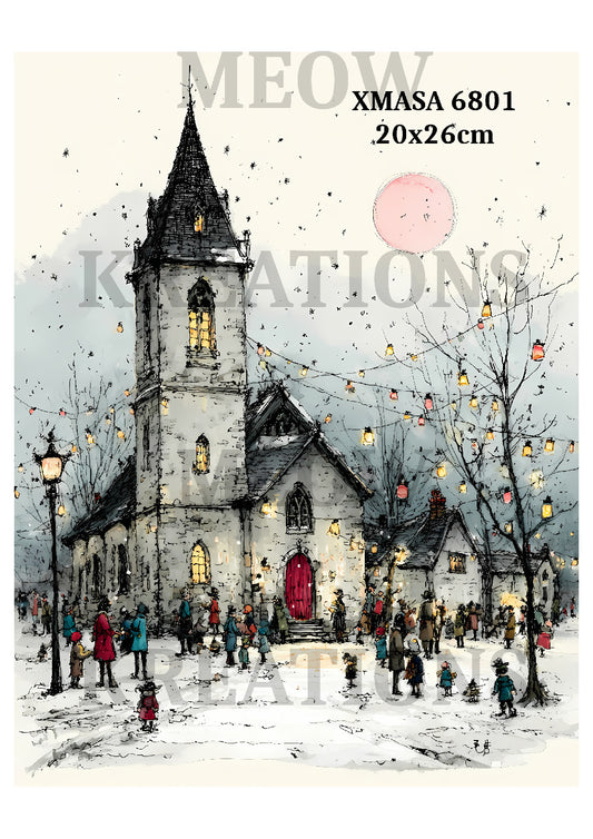 Vintage Winter Church Decoupage Rice Paper - XMASA 6801