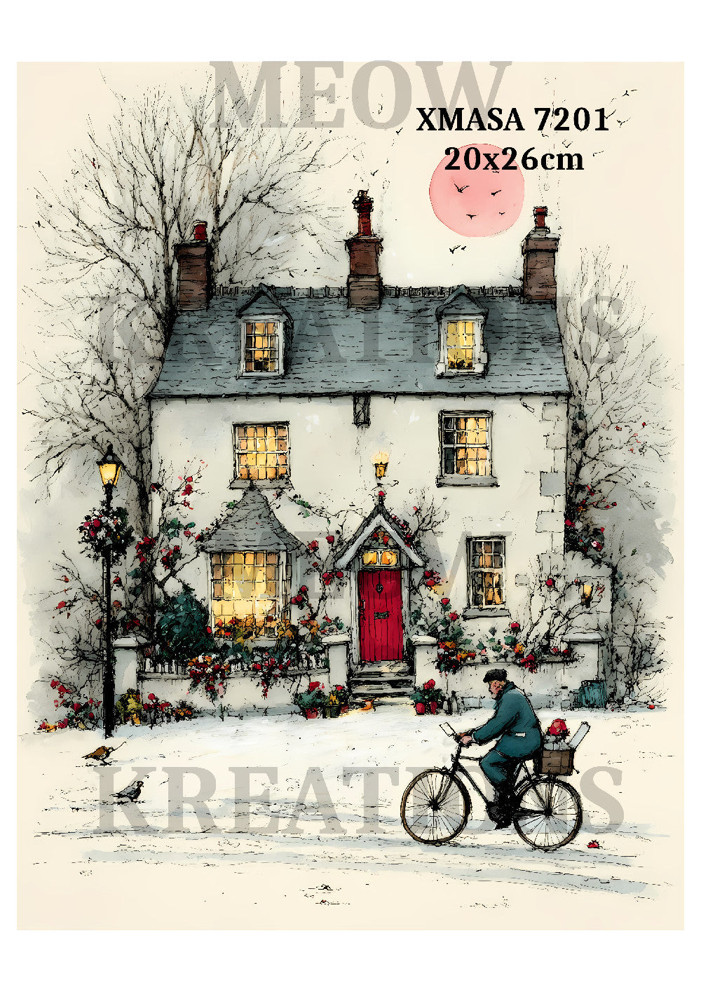Vintage Winter Cottage & Cyclist Decoupage Rice Paper - XMASA 7201