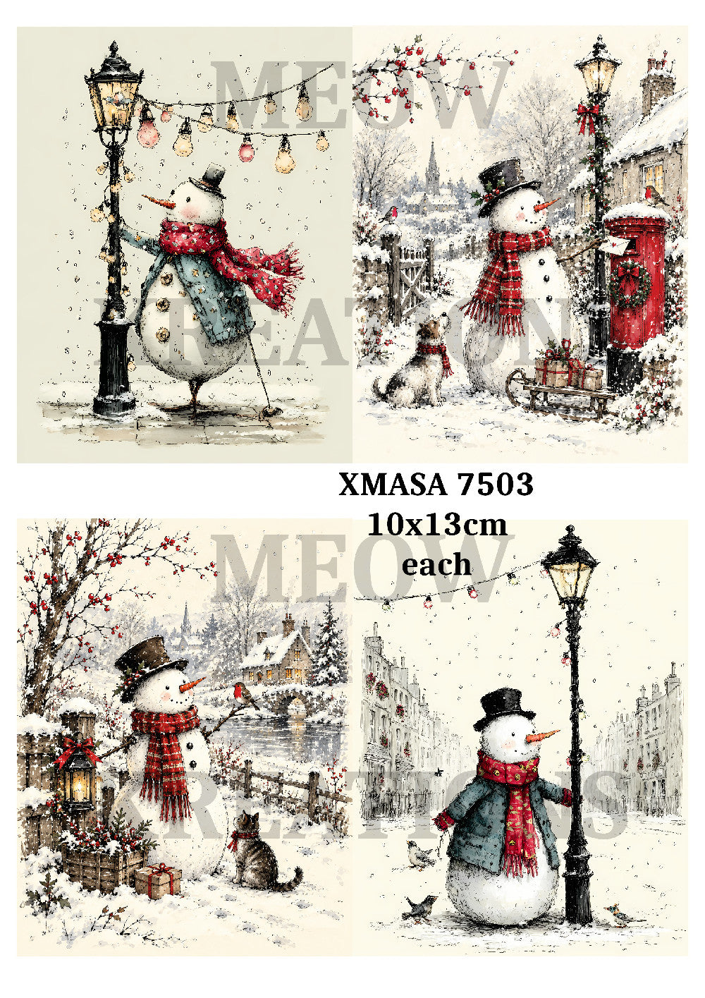 Vintage Christmas Snowmen Scenes Decoupage Rice Paper - XMASA 7503