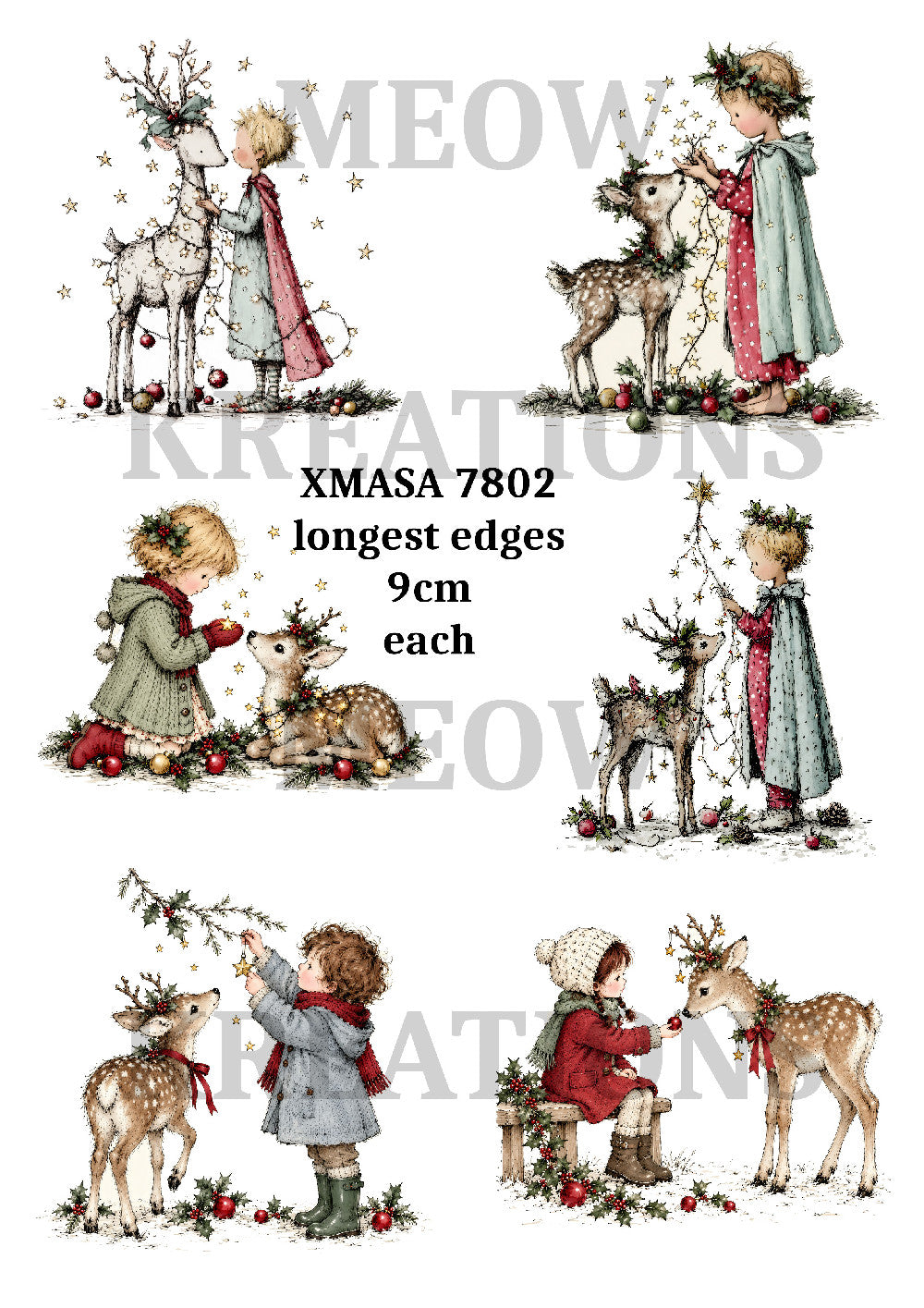 Vintage Children & Deer Christmas Decoupage Rice Paper - XMASA 7802