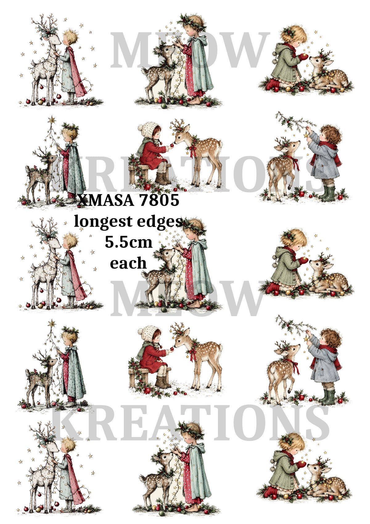 Vintage Children & Deer Christmas Decoupage Rice Paper - XMASA 7805