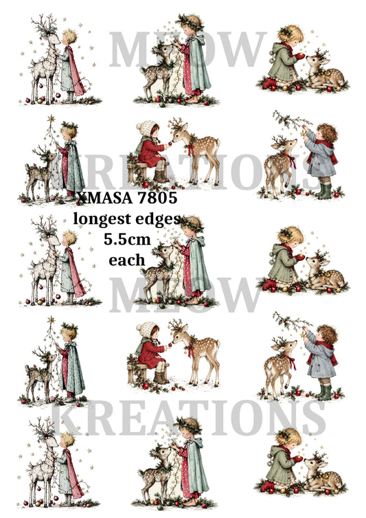 Vintage Children & Deer Christmas Decoupage Rice Paper - XMASA 7805