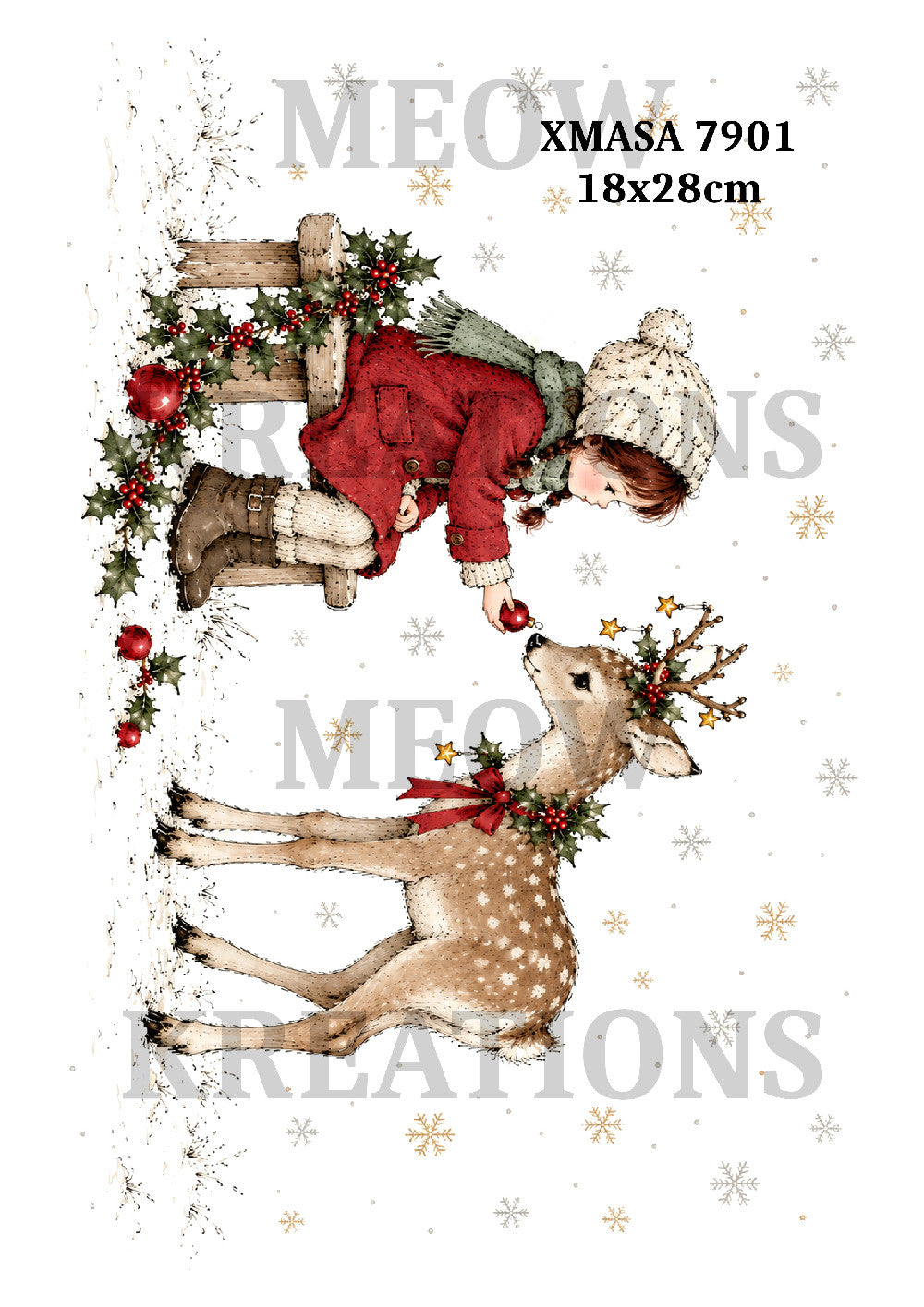 Little Girl & Reindeer Christmas Decoupage Rice Paper - XMASA 7901