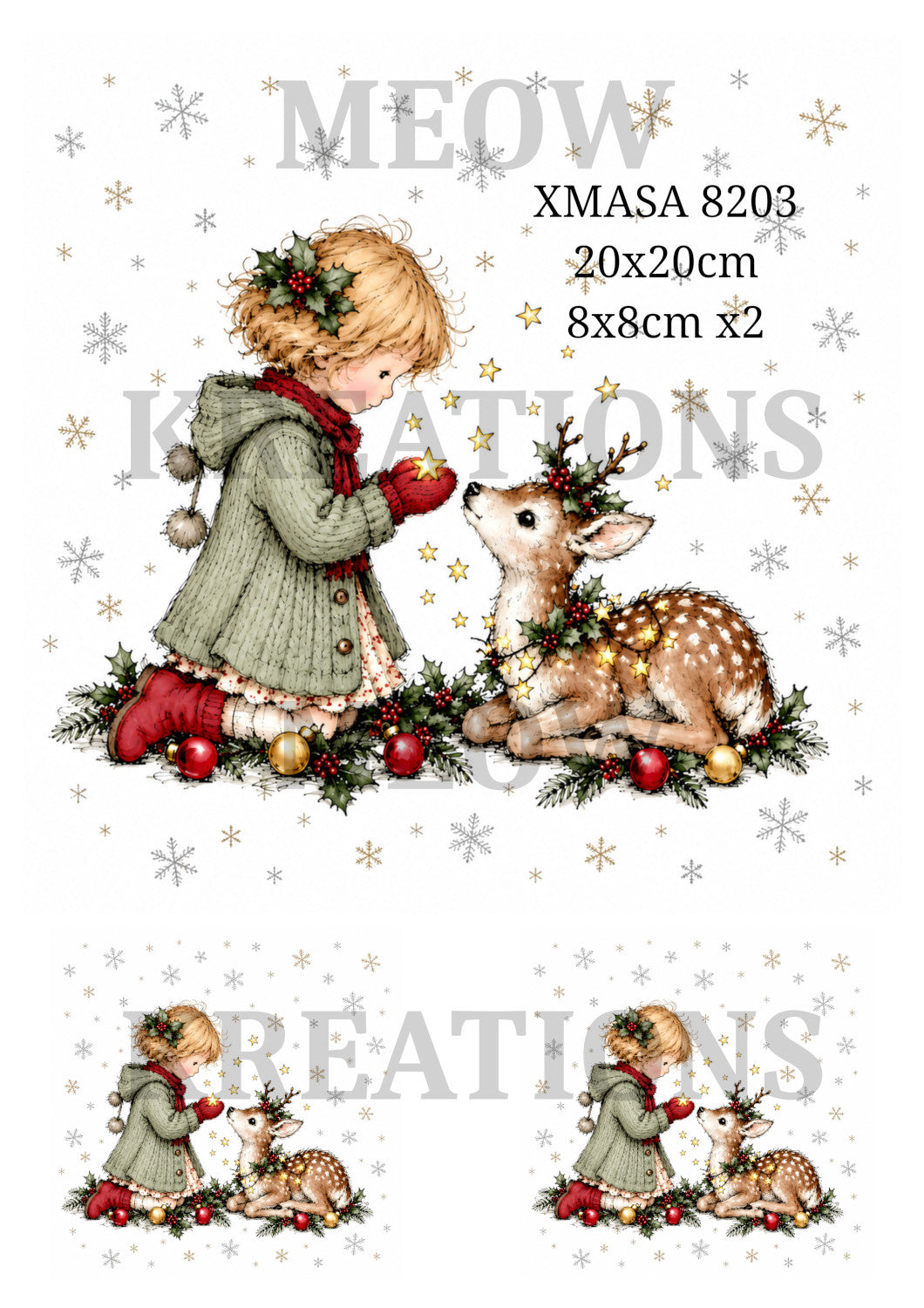 Vintage Girl & Reindeer Christmas Decoupage Rice Paper - XMASA 8203