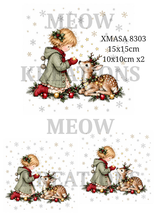 Vintage Girl & Reindeer Christmas Decoupage Rice Paper - XMASA 8303