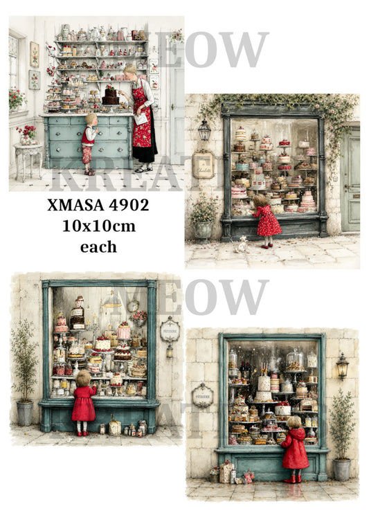 Vintage Cake Shop & Christmas Baking - Whimsical Christmas Bakery Decoupage Rice Paper - Xmasa 4902