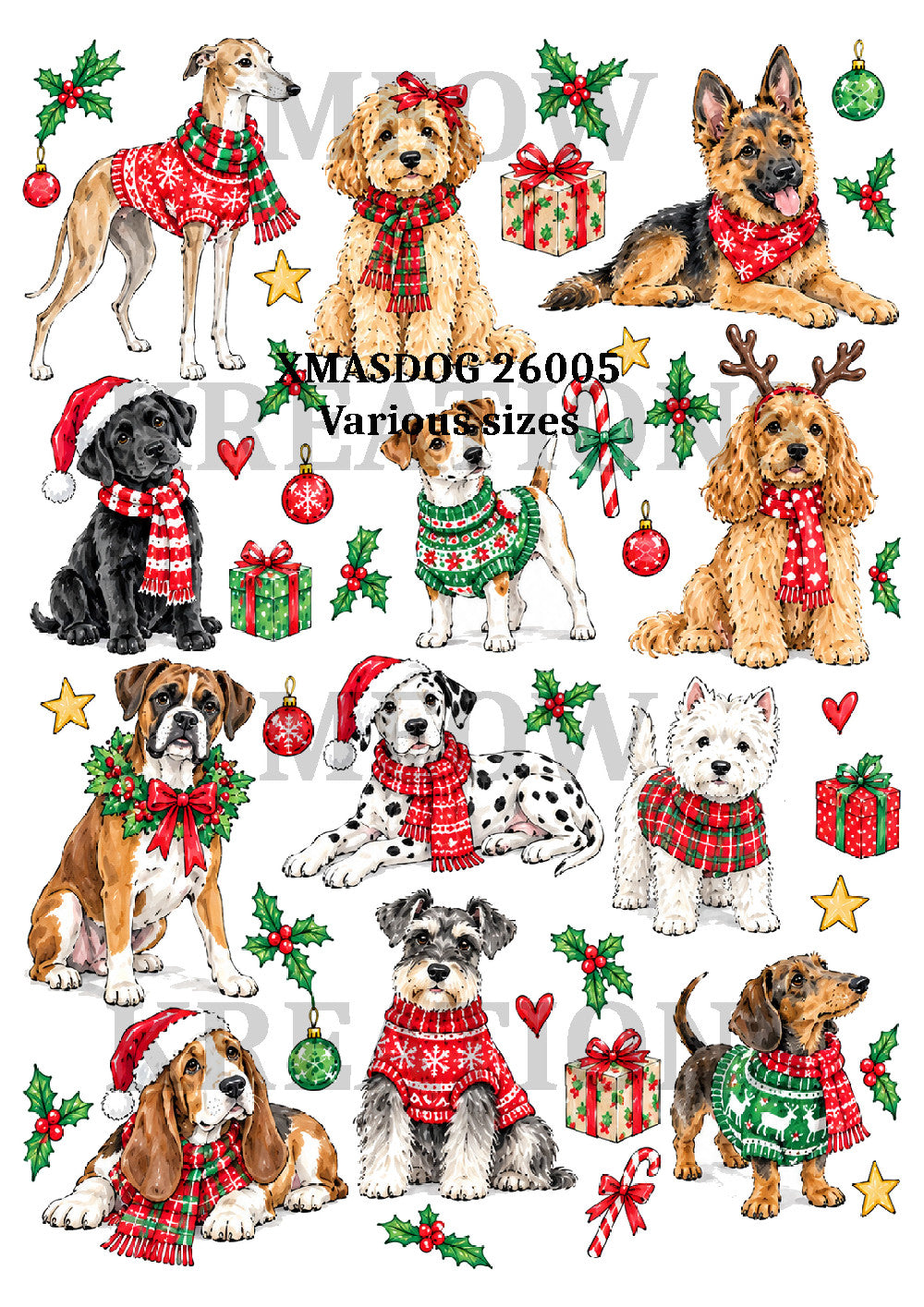 Christmas Dogs & Festive Decorations Decoupage Rice Paper - XMASDOG 26005