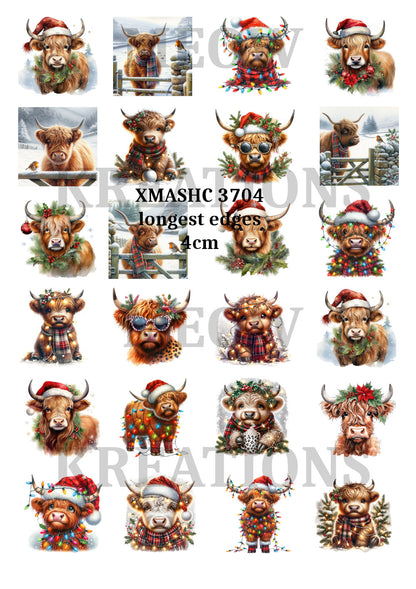 Highland Cow in Christmas Hat Christmas Decoupage Rice Paper - XMASHC 3704