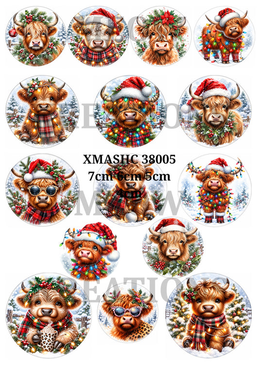 Festive Highland Cows Christmas Circles Decoupage Rice Paper - XMASHC 38005
