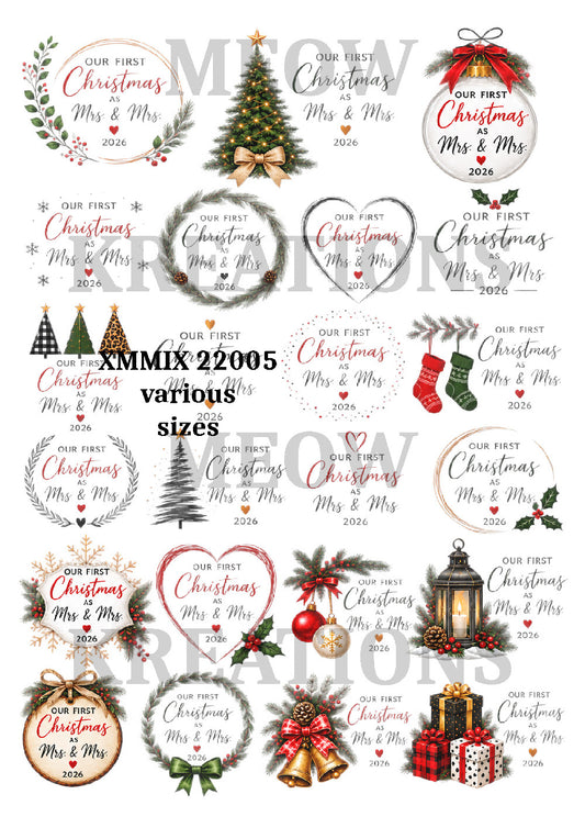 Vintage First Christmas Mrs & Mrs 2026 Decoupage Rice Paper – XMMIX 23005