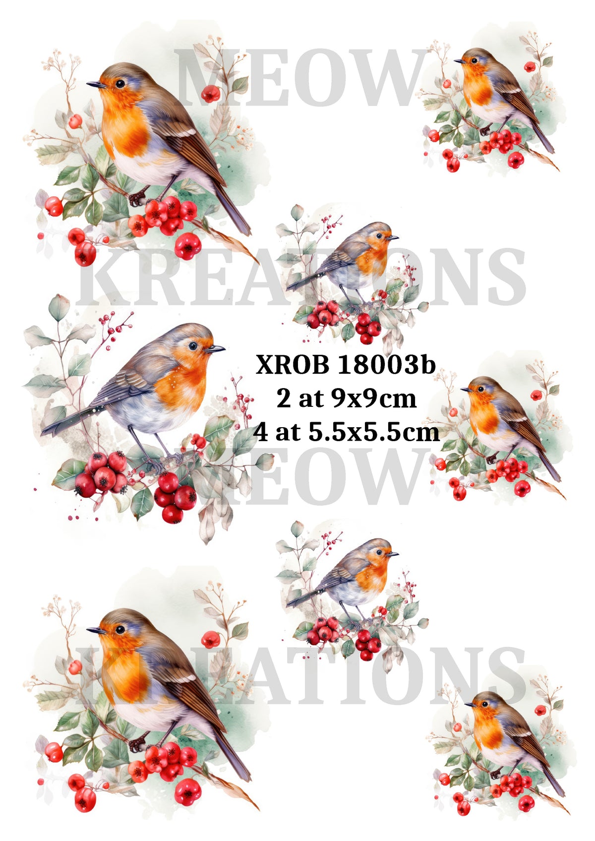 Winter Robins & Red Berries Decoupage Rice Paper - XROB 18003b