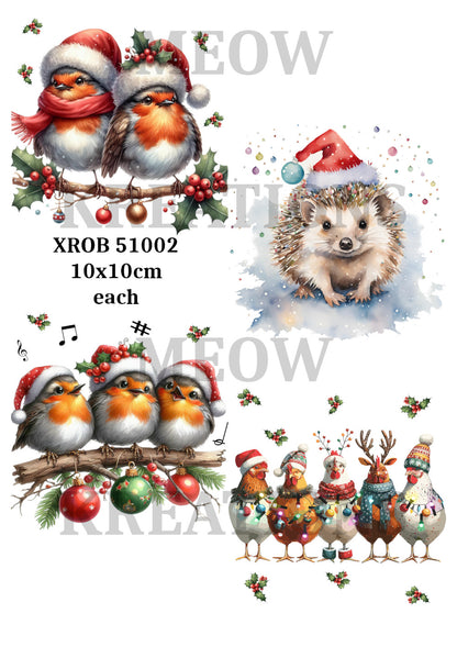 Robins, Hedgehog, Chickens Christmas Decoupgae Rice Paper - XROB 51002